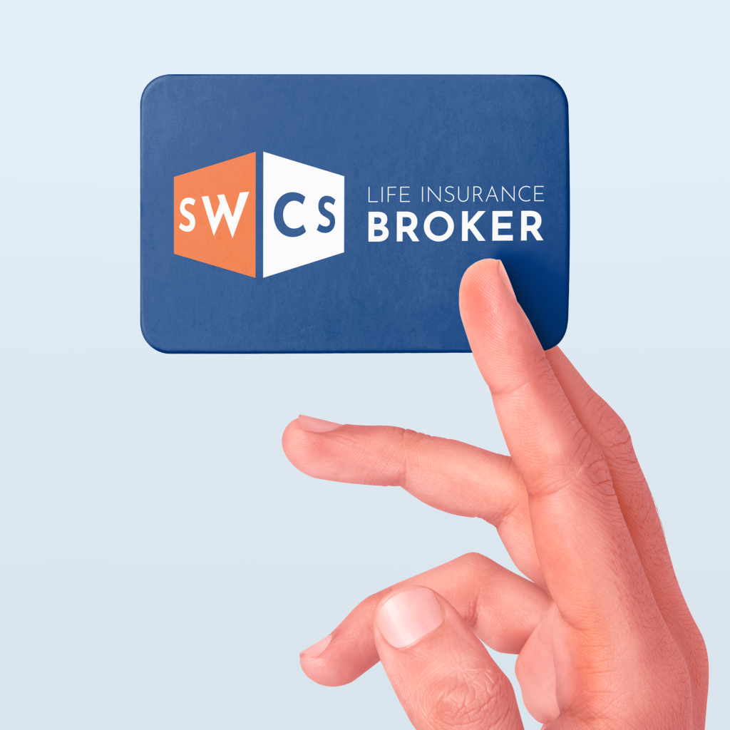A hand holds a blue rectangular card featuring the logo and text SWCS Life Insurance Broker, showcasing swcs insurance on a light blue background.
