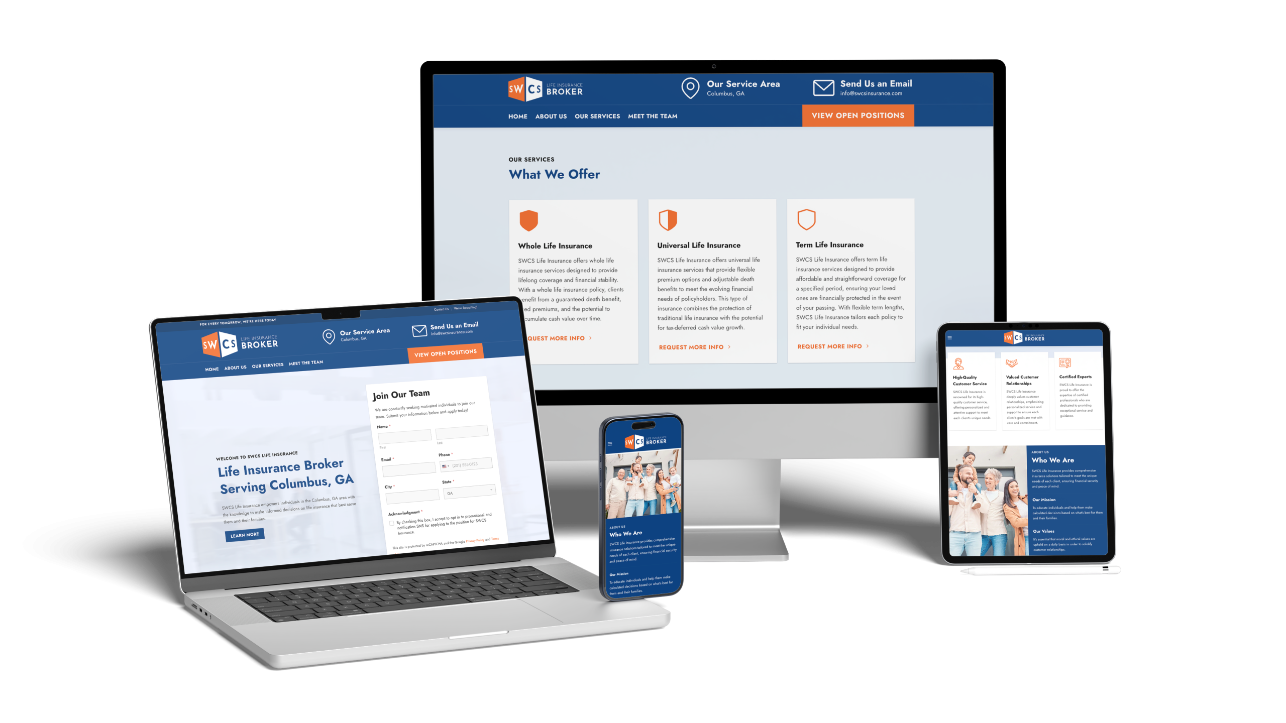 Four digital devices—a desktop monitor, laptop, tablet, and smartphone—display different responsive views of the SWCS Insurance broker’s website, featuring service details, navigation menus, contact buttons, and team information.