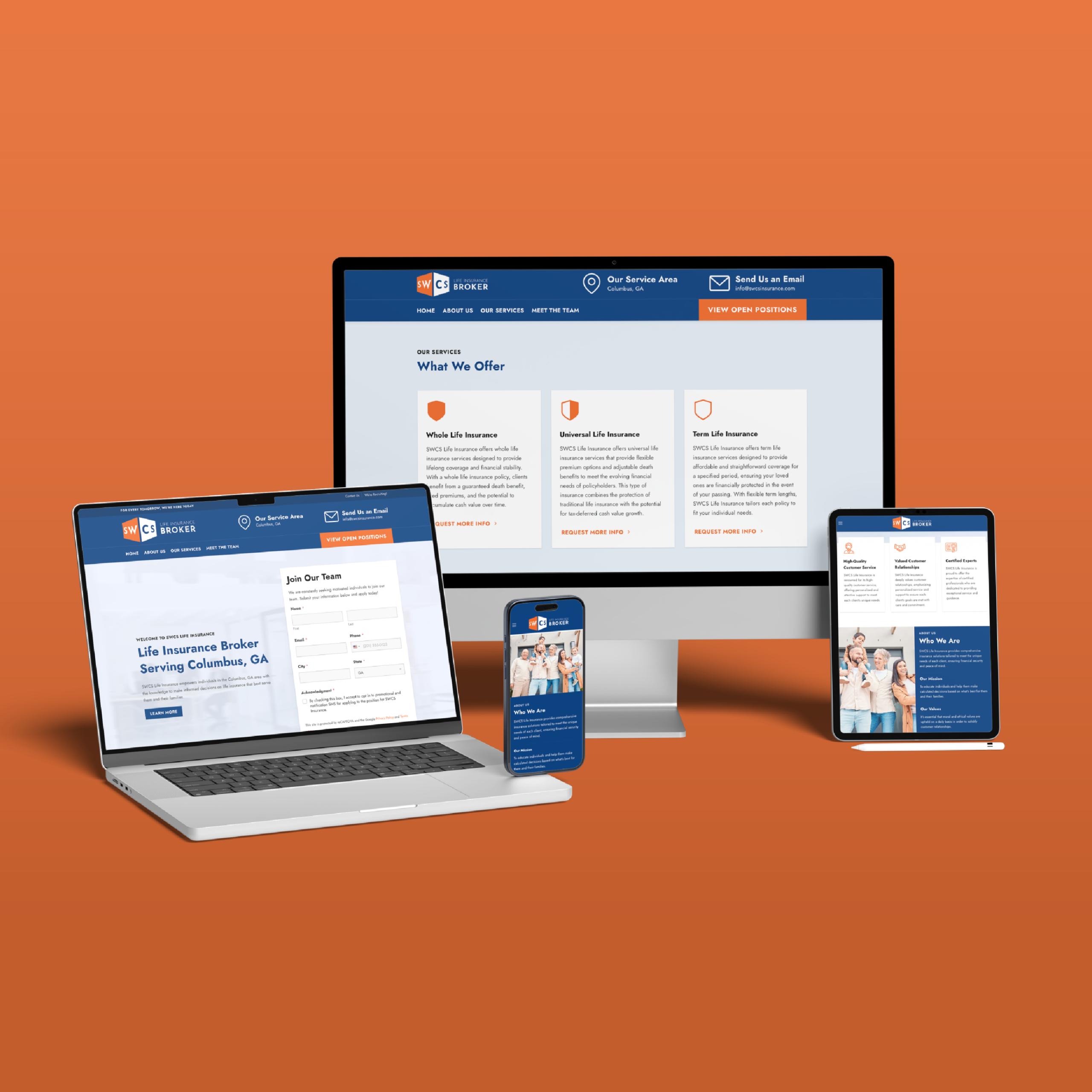 A responsive insurance website, showcasing seamless web design, is displayed on a laptop, smartphone, desktop monitor, and tablet against an orange background. Each device highlights consistent branding and layout across different screen sizes.