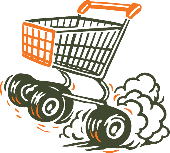 Illustration of a shopping cart with large racing wheels speeding forward, leaving behind clouds of dust and motion lines—perfect for web design projects emphasizing fast and dynamic online shopping experiences.