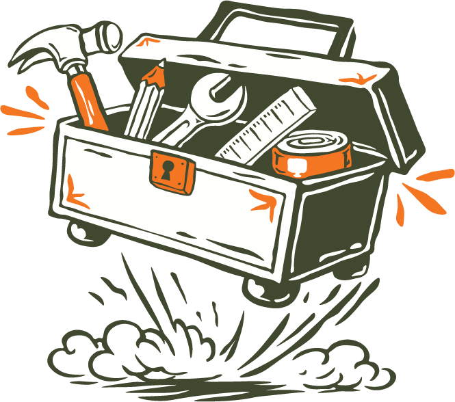Illustration of a toolbox with an open lid, displaying tools like a hammer, pencil, wrench, ruler, and tape measure—bouncing down in a dynamic cloud of dust—perfect for branding creative toolkits.