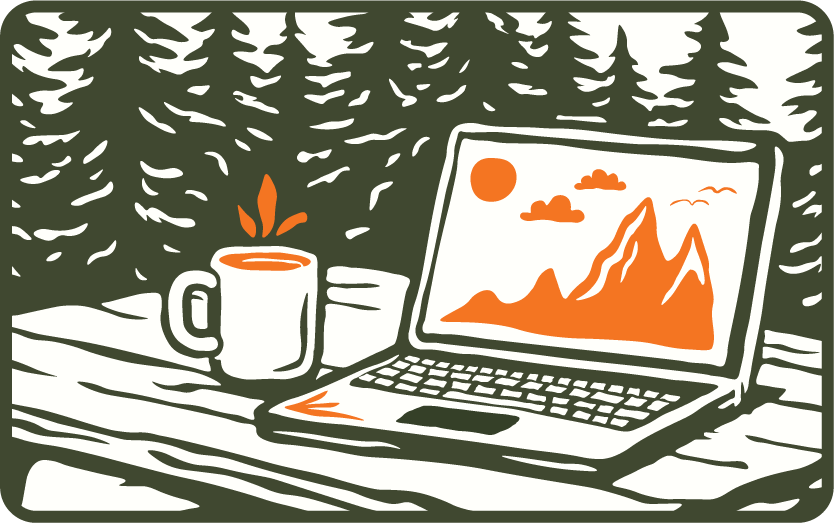 Illustration of a laptop and a steaming coffee mug on a wooden table outdoors, with pine trees in the background and a mountain scene on the laptop screen—perfect inspiration to elevate your small business.