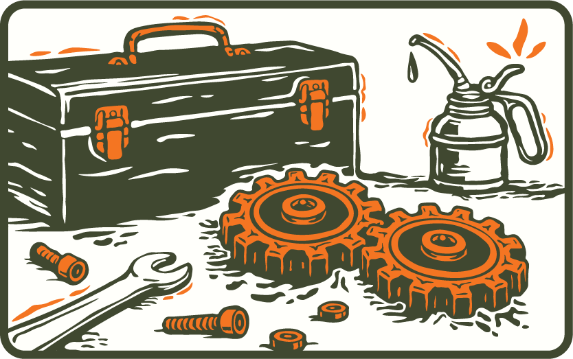 Illustration of a toolbox, oil can, two large gears, a wrench, bolts, and nuts scattered on a surface—perfect for showcasing how to elevate your small business in a mechanical or repair setting. The colors are primarily orange, green, and white.
