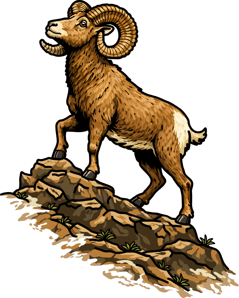 Illustration of a bighorn sheep standing proudly on a rocky slope, its large curved horns and brown and white fur symbolizing strength—an inspiring image to elevate your small business above the competition.