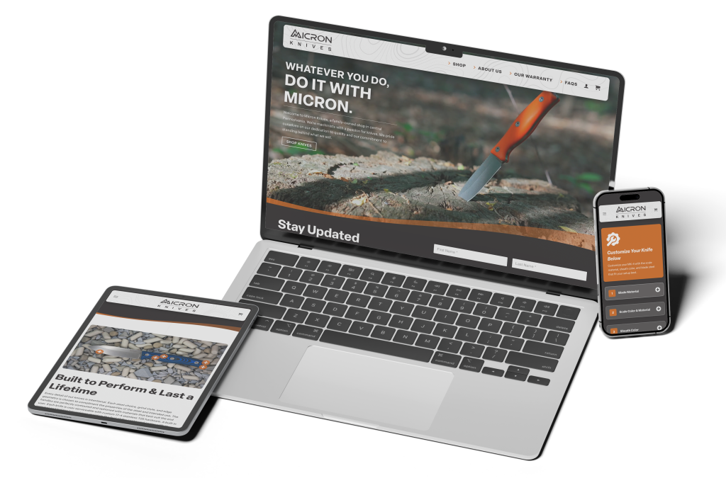 A laptop, tablet, and smartphone display the Auron Knives website, featuring micron knives and related content. The devices are arranged neatly on a white surface.