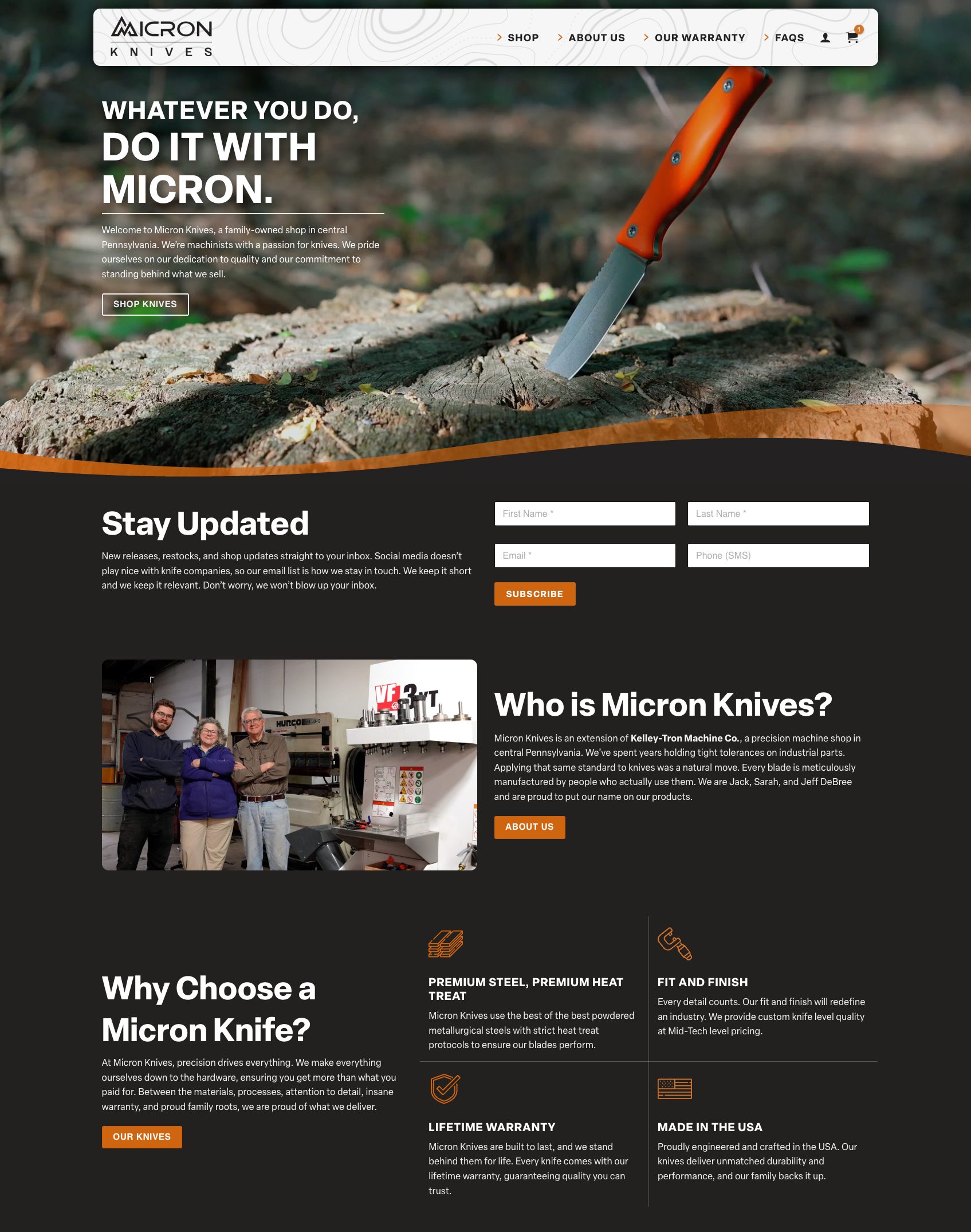 Screenshot of a knife company website featuring a Micron Knives blade lodged in a tree stump, sign-up form, company info, an image of three people in a workshop, and sections highlighting product quality, warranty, and U.S. manufacturing.