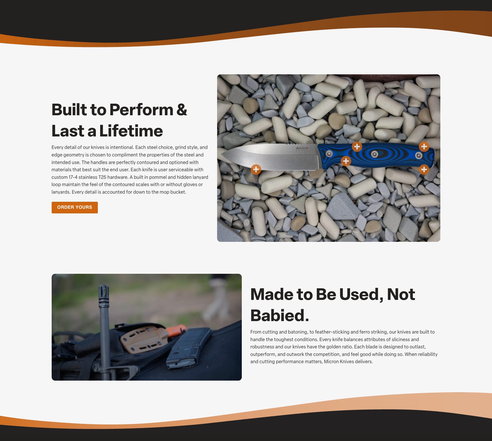 A webpage section with two images: the top shows a micron knife with a blue handle on gray stones, and the bottom shows a tactical knife in gear. Each image has icons and descriptive text about micron knives’ durability and use.
