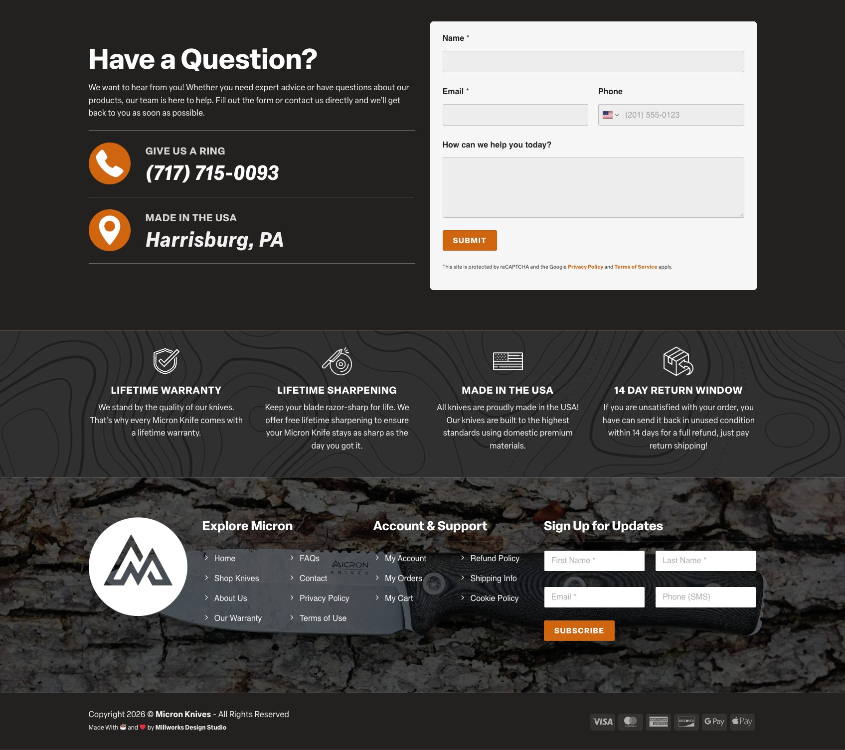 A website contact page featuring a form to submit questions about micron knives, phone number, location in Harrisburg, PA, warranty and return info, navigation links, newsletter signup, and a textured brick background.