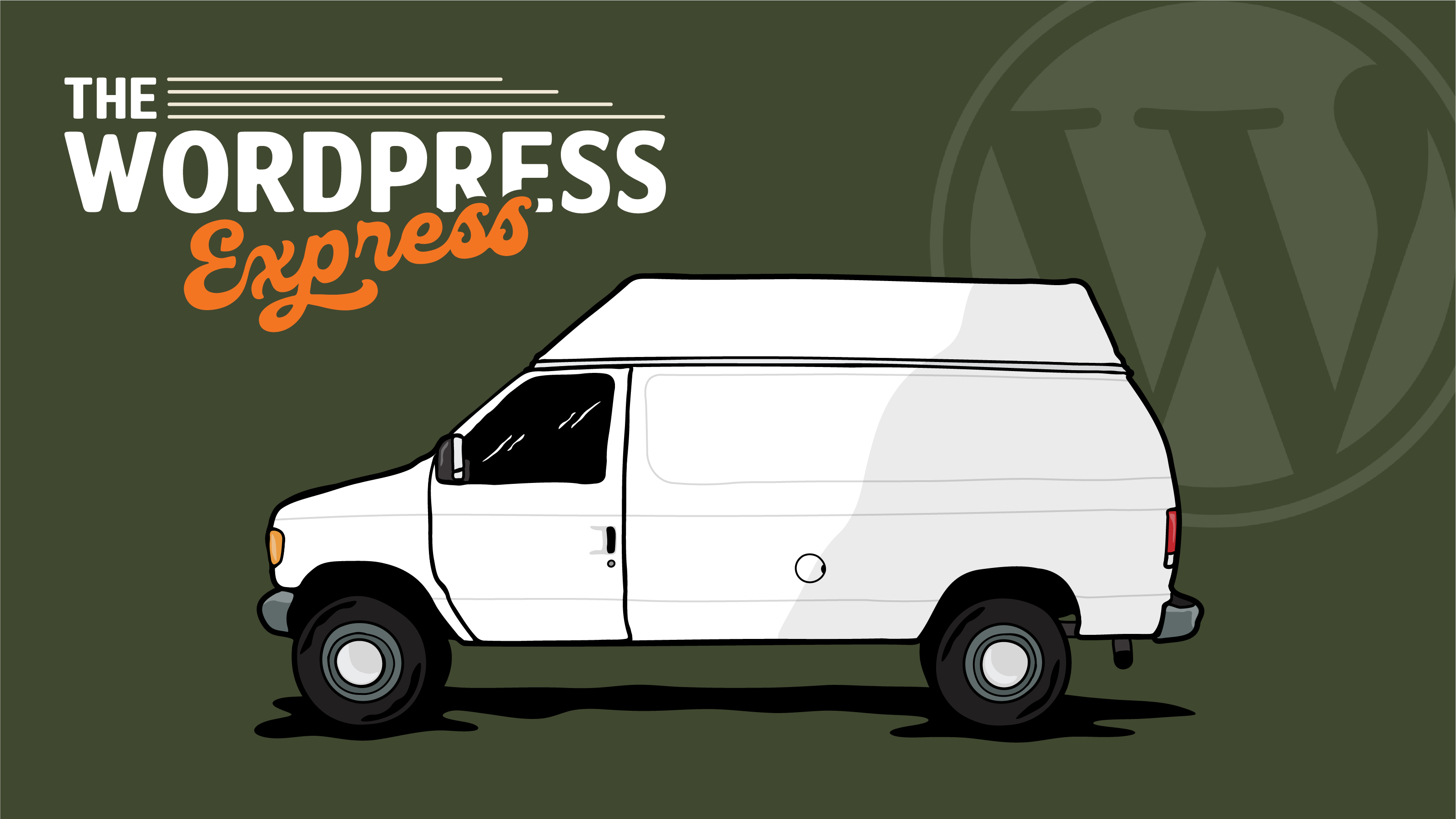 A white delivery van is illustrated on a dark green background with the text The WordPress Express above it. The WordPress logo is faintly visible in the background.